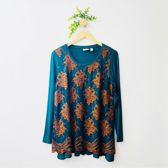 LOGO Lavish By Lori Goldstein Teal Lace Overlay Lagenlook Blouse - Picture 4 of 9